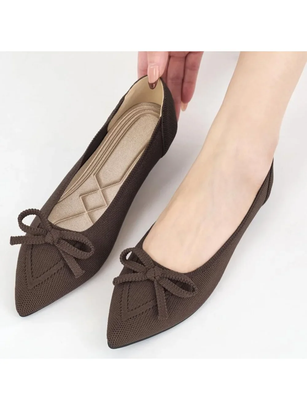 Women's Brown Ballet Flats Shoes Dressy Pointed Toe Bow Knit Flats Comfortable
